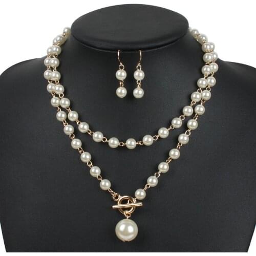 KMVEXO Red Simulated Pearl Bridal Wedding Jewelry Sets Gold Round Pendant Necklace Earrings Sets Wedding Engagement Jewelry 2019