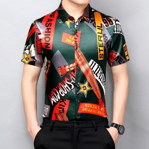 Mens Silk Shirts Summer Patchwork Colors Smooth Satin Clothes Male Fashion Striped Silk Streetwear Short Sleeved Dress Shirt