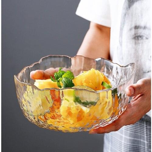 8 inch, embossed glass salad bowl, creative irregular border verrines dessert mixing bowls, rain drop design salad cutter bowl