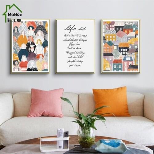 Scandinavian Multi Colors Canvas Painting Abstract House Girls Wall Art Poster for Living Room Vintage Pictures Home Decoraition