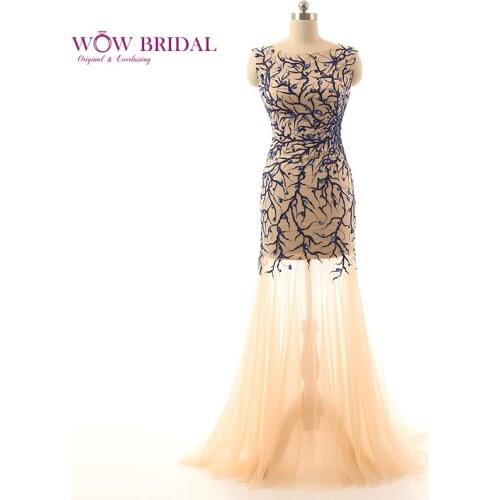Wowbridal Noble Ginger Long Evening Dress Boat Neck Sleeveless Pattern Embroidery Crystal Beaded Chiffon Ruched Mermaid Gown