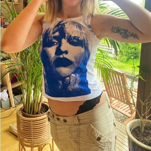 Y2K Gothic Women Mini Vest E-Girl Clothes Face Graphic Print Crop Top Summer Sleeveless Sweat Tank Top 90s Vintage Streetwear