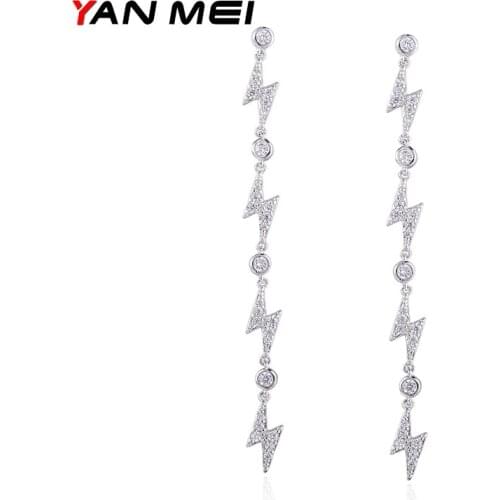 YAN MEI Long Lightning White Gold Color AAA CZ Dangle Earrings Luxury Jewelry GLE7239Y