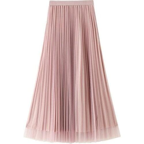 Tulle Pleated Skirt Women Autumn High Waist Slim Mesh A-line Skirt Women Spring Korea Pleated Skirts Chiffon Female Midi Skirt