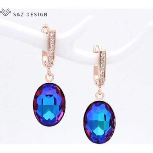 S&Z DESIGN Luxury Elegant Egg Shape Oval Crystal Dangle Earrings 585 Rose Gold White Gold For Women Wedding Classic Jewelry