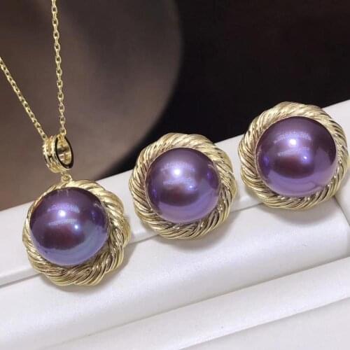 D514 Pearl Set Fine Jewelry 925 Sterling Silver Round 9-13mm Nature Fresh Water Purple Pearls Jewelry Sets for Women Presents