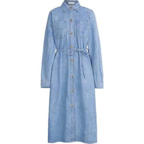 Denim dress womens 2019spring autumn new large size popular chic single-breasted bandage waist slimming denim dress femalel100