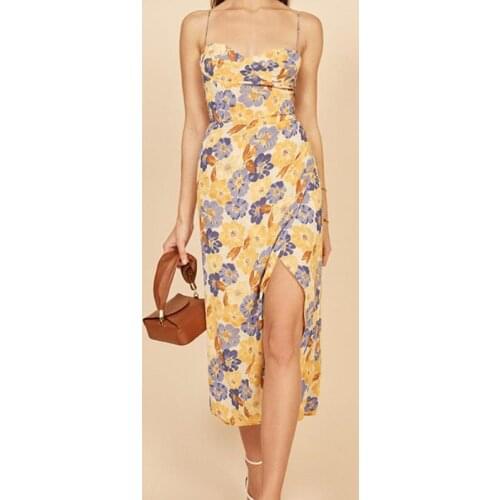 Retro French Style Orange Floral Print Bandage Spaghetti Strap Midi Dress White Sexy Women Sling Slit Summer Vestido A576