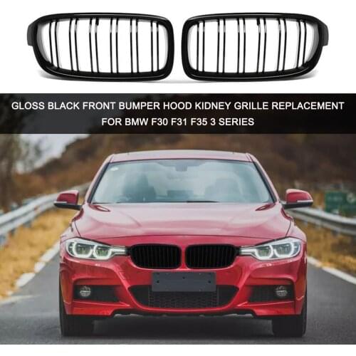 2Pcs Gloss Black Front Bumper Hood Kidney Grille Double Line Racing Grille Replacement for BMW F30 F31 F35 3 Series 2012-2016