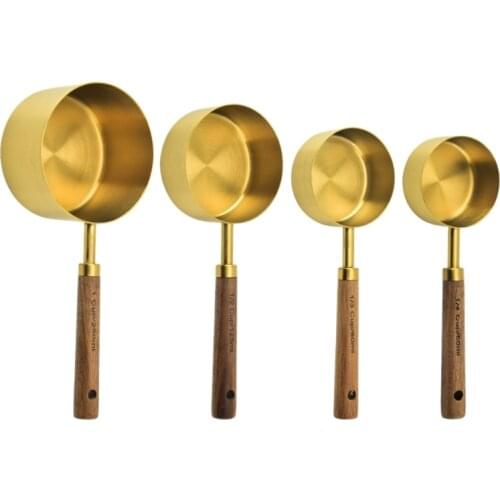 4/8pcs Stainless Steel Measuring Spoons Cups Wooden Handle Household Kitchen Dining Bar Baking Cake Sugar Tools Set