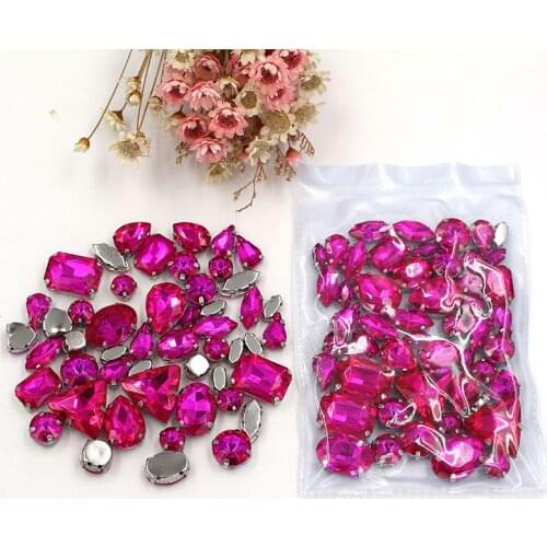 50pcs/Bag High Quality Mixed Shape Rose Red Glass Crystal Sew On Silver Base Rhinestones Diy Clothing Accessories