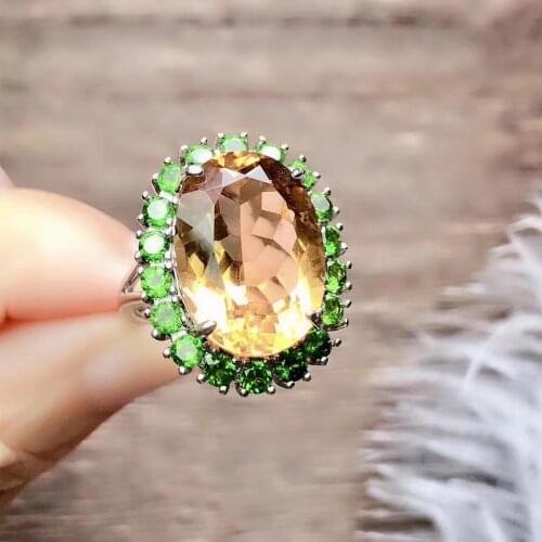 Free shipping Real natural Original citrine Inlay Natural Diopside 925 sterling silver Fine yellow gem 13*18mm