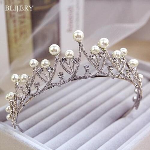 BLIJERY Elegant Imitate Pearl Crystal Crown Bridal Hair Accessories Women Wedding Tiara Pageant Quinceanera Tiaras And Crowns