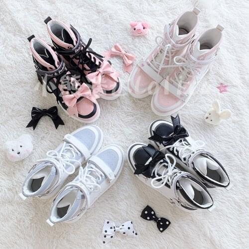 Platform Lolita Boots Running Lolita Mid Heel Student Sports Shoes Kawaii Uniform Bowknot High Top Women Shoes Fashion Sneakers