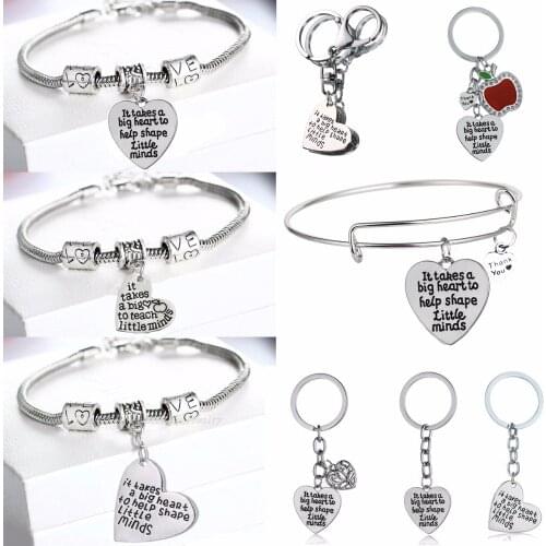 Teachers Bracelet Chain Bangle Apple Love Heart Pendants Keychain It Takes A Big Heart Teacher Keyring Jewelry Teachers Gifts