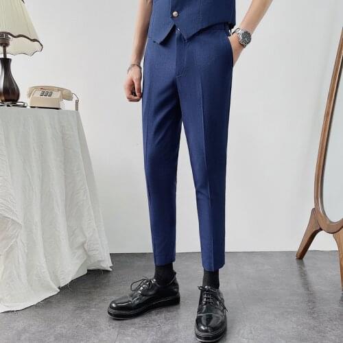 2021 Summer Solid Color Pants Men Formal Business Pants Ankle Length Office Social Classic Suit Pant Wedding Casual Trousers