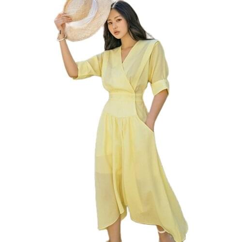 Bohemian Long Skirt High Waist Show Thin Pure Color Yellow Temperament High Quality Womens New Fashion Womens V-neck Dress