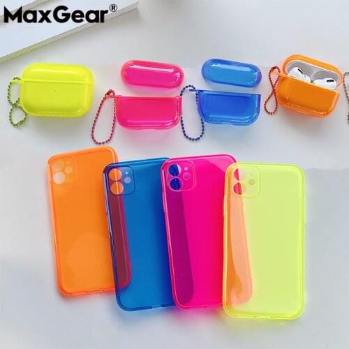 Matching Phone Case And Airpods 2 Set For iPhone 11 Pro Max XS 12 SE 2020 X XR 7 8 Plus Fluorescent Clear Transparent Soft Cover