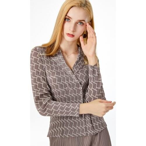 HOT SELLING Miyake new folds long sleeve lattice turndown collar double breasted coat IN STOCK