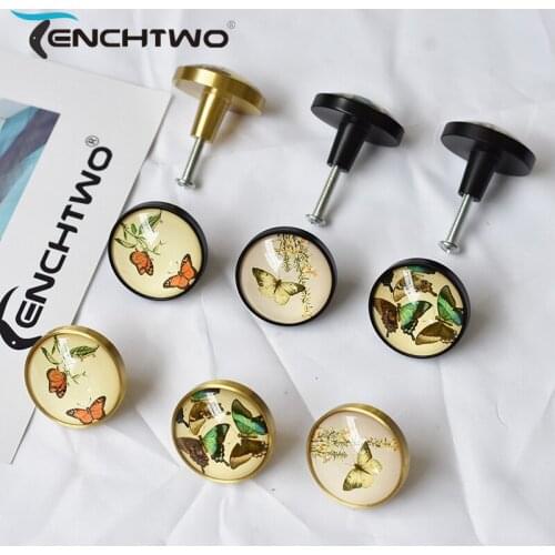 TENCHTWO Brass Retro Butterfly Pattern Crystal Furniture Handle For Wardrobe Cupboard Shoe Cabinet Knob Drawer Door Pulls Copper