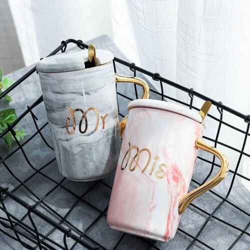 Nordic Creative Marble Ceramic Mugs with Lid Spoon Brief Office Milk Coffee Cups 400ml Large Capacity Lovers Cups for Women Man