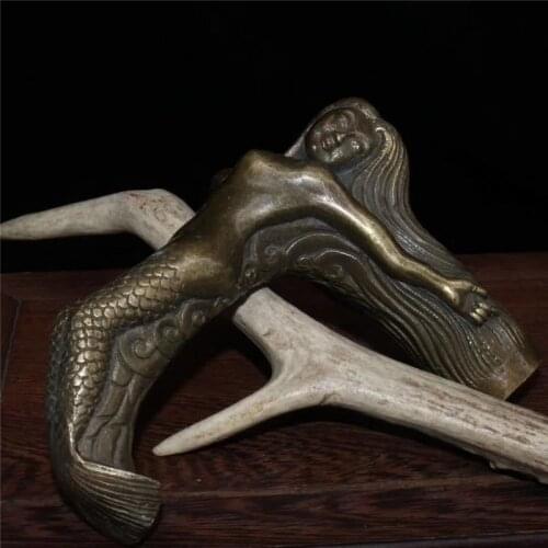Chinese Handwork Carved Bronze Statue Pure Copper Mermaid Crutch Head Stick Head Auspicious Gift Decoration