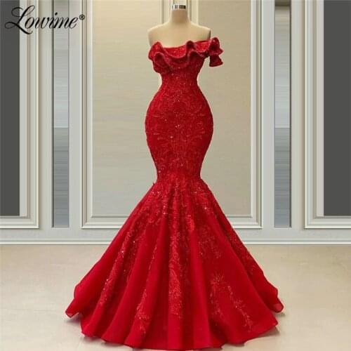 Couture Red Lace Mermaid Long Evening Dress Celebrity Party Dresses 2021 Off The Shoulder With Handmade Beading Robes Prom Gown