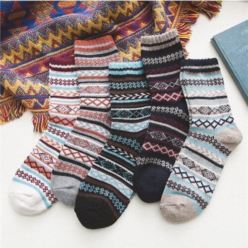 5Pairs Christmas Socks Men Vintage Ethnic Woolen Warm Tube Socks Checked Striped Geometric Ribbed Wool Thick Knit Men Socks Gift