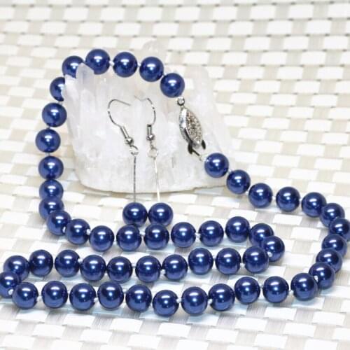 New arrival special design top quality dark blue8mm round simulated-pearl shell beads earrings necklace jewelry set 18inch B2357