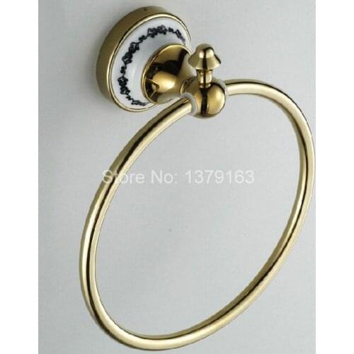 NEW Bathroom Accessory Wall Mounted Luxury Polished Gold Brass Ceramic Flower Pattern Towel Ring Towel Rack Holder aba252