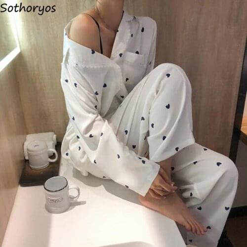 Women Pajama Sets Plus Size 3XL Cotton Long Sleeve Tops and Pants Heart Triangle Print Soft Female Lace Leisure Lovely Sleepwear