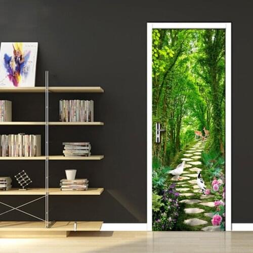 PVC Self-adhesive Waterproof Door Mural Green Wood Pigeon Deer Wallpaper Living Room Bedroom 3D Door Stickers Waterproof Mural