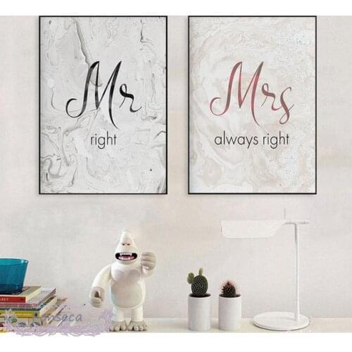 Romantic Mr Mrs Letter Prints Poster Wall Art Canvas Painting Marble Background Couple Quotes Pictures Wall Art Bedroom Decor