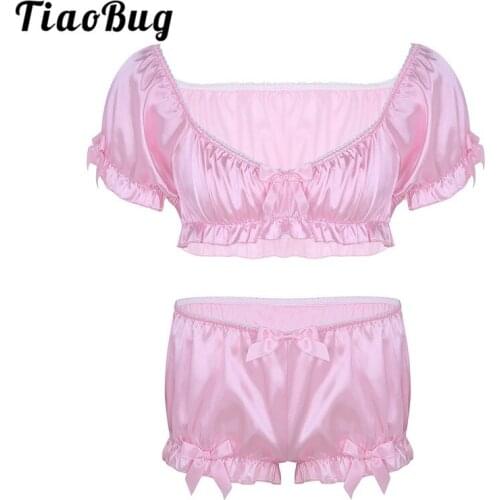 TiaoBug Men Sissy Sexy Lingerie Gay Underwear Set Silky Short Sleeve Crop Top with Bloomers Boxer Shorts Man Crossdresser Outfit
