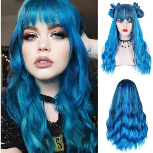 Uenel Blue Wig with Bangs Long Wavy Blue Wig with Air Bangs Synthetic Wigs for Women Curly Wigs for Daily Party Cosplay 24 inch