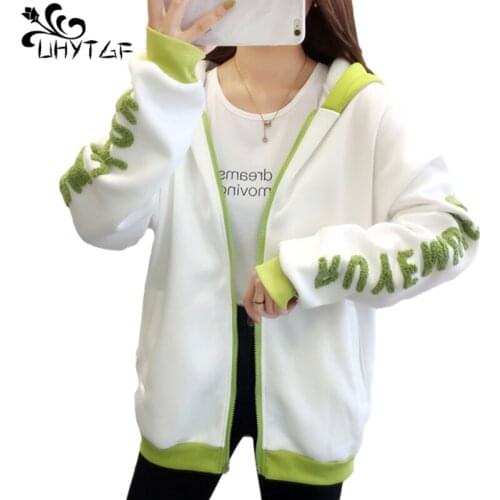 UHYTGF Spring Autumn Clothes Woman Jacket Plus Size Student Tops Hooded Coat Girl Mujer Chaqueta Letter Color Matching Coats 934