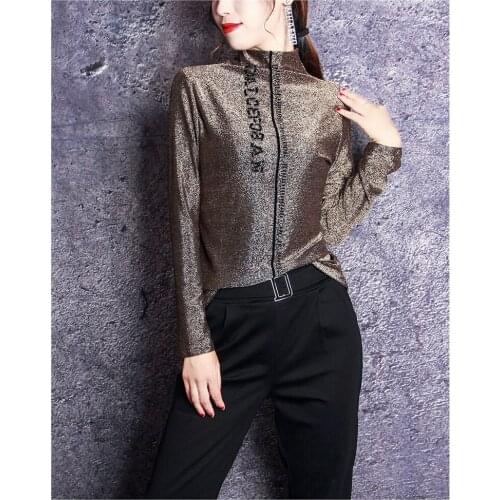 Add velvet/no velvet bright silk semi-high collar base shirt women fall/winter 2019 new foreign style small unlined upper gar