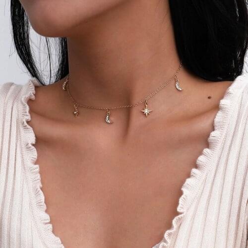 Simple Temperament Rhinestone Star Moon Charms Choker Necklace Women Vintage Geometric Chains Necklace Pendant Jewelry Kolye