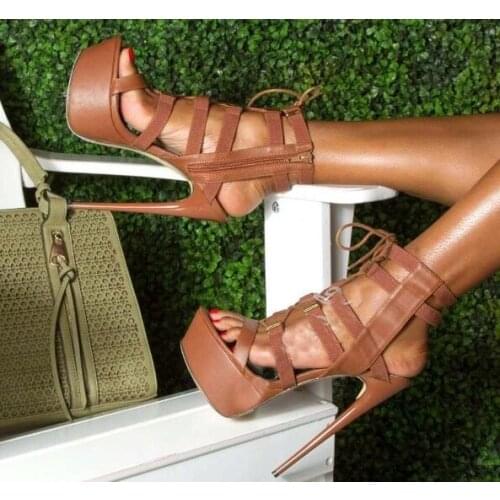 Summer 2019 New Fashion Woman Brown Cuts Out Lace Up Front Zipper Thin Heels Super Sexy Night Club Platform Sandals Shoes Lady