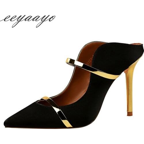 2019 New Summer Women Mules Slippers High Heel Pointed Toe Metal Sexy Ladies Women Shoes Black Female High Heel Outside Slides