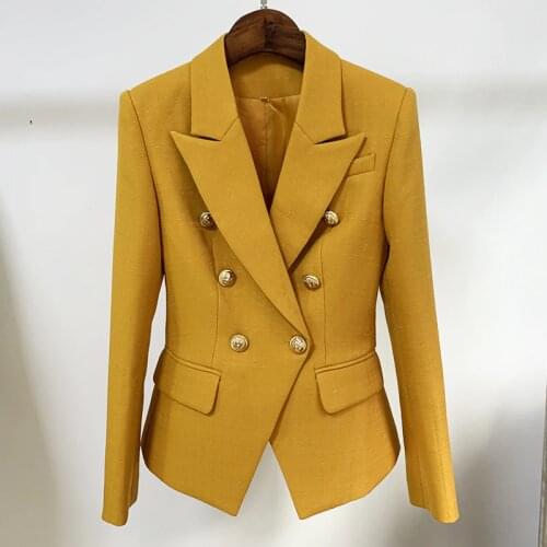 Ginger Yellow Blazer Women Autumn Cotton Linen Gold Double-breasted Button Office Womens Blazers Jackets Suit High Quality 2021