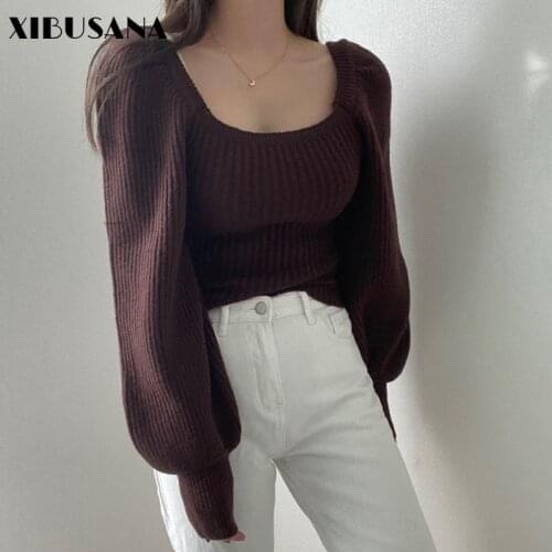 Retro Elegant Square Collar Women Pullover Knitted Tops Autumn Puff Long Sleeve Elastic Sweater Female Streetwear Sweater Tops