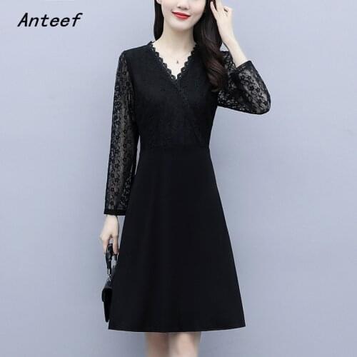 Long sleeve black cotton lace vintage dresses for women casual loose midi woman spring autumn dress elegant clothes 2021