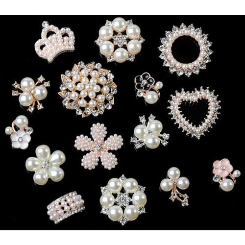 10PCS DIY Craft Crystal Hat Accessories Flower-shaped Rhinestone Buttons Pearl Button Pearl Hairpins Headwear Clip