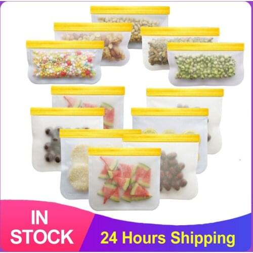 12 Pcs/Set Of Silicone Food Bag PEVA Reusable Food Preservation Bag Translucent Frosted Frozen Leak-Proof Container Zipper Bag