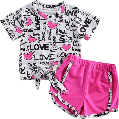 2021 Baby Summer Clothing Infant Kids Girls 2Pcs Valentine Outfit Set Short Sleeve Heart Print Tops+Shorts Set Children 1-6T