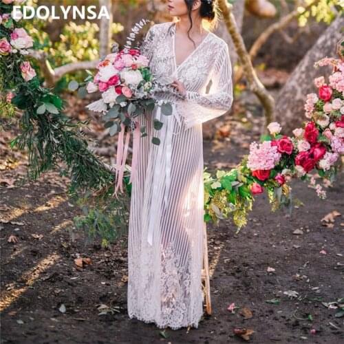 2021 Elegant Lace Beach Wrap Dress Sexy See Through Long Sleeve Front Open Plus Size Women Summer Maxi Dress robe de plage N671