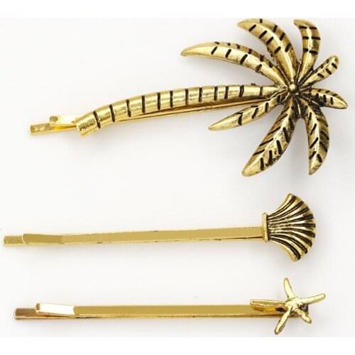 3 Kinds Coconut Trees Shell Starfish Vintage Hair Clips and Pins Seashore Style Golden Silver Plated Barrette Women Hair Jewelry