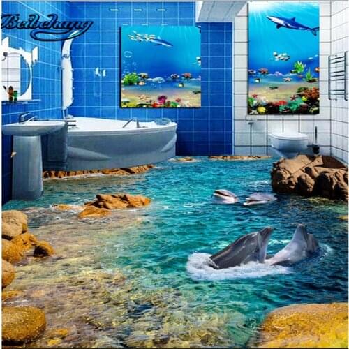Beibehang Large Custom Wallpaper Mural HD Dolphin Sea Toilet Bathroom Bedroom 3D Floor Decoration