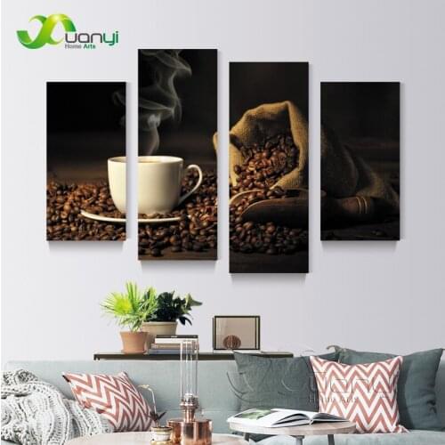 4 Panel Wall Art Coffee Still life Painting Prints On Canvas Art Home Decor Hot Coffee Picture Painting For Kitchen Unframed